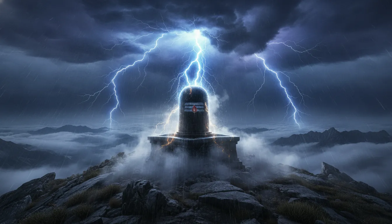 Powerful images of lord shivling in anger surrounded by electric blue lightning strikes.