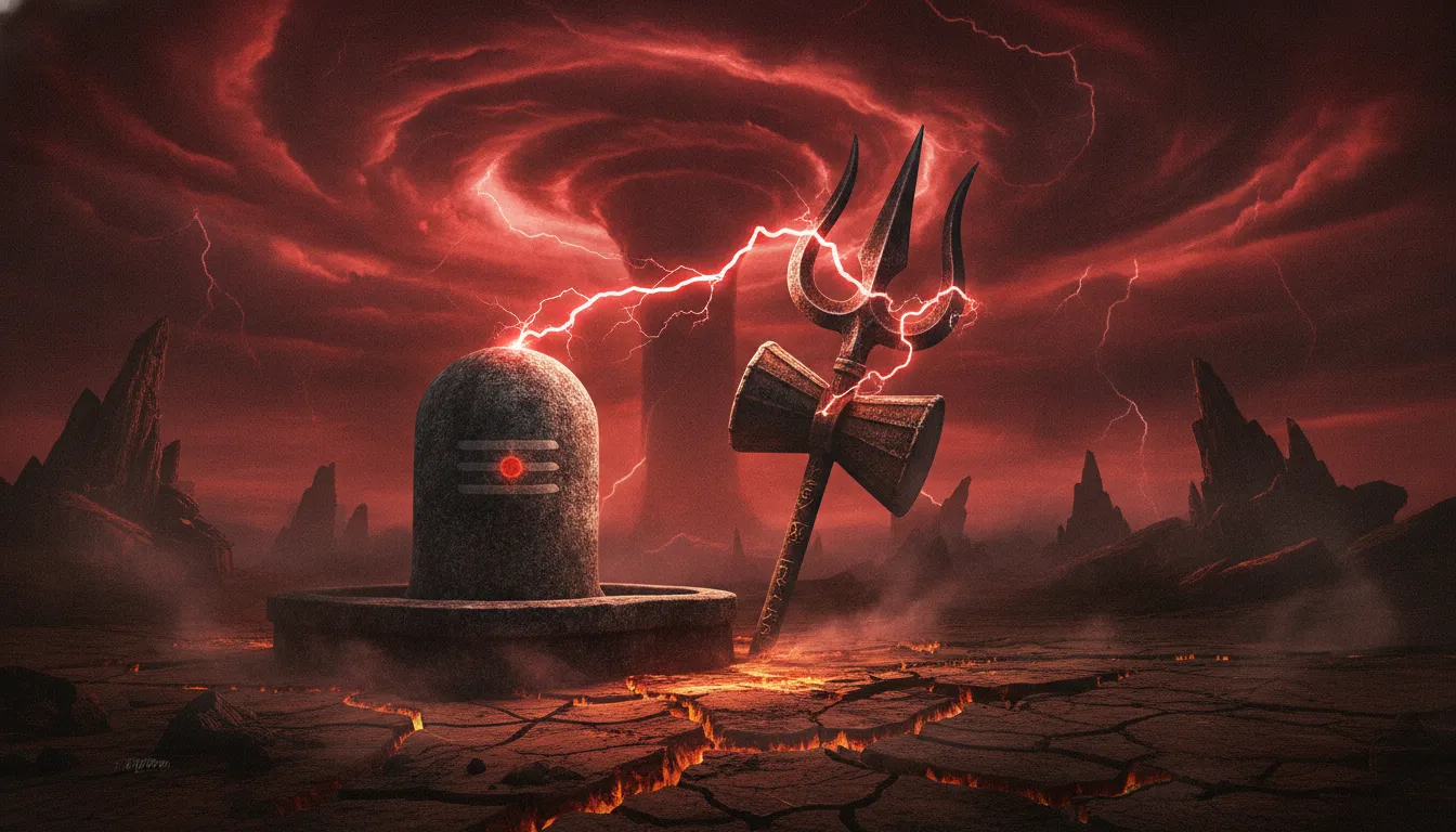 Cinematic images of lord shivling in anger with a giant glowing trident weapon in the background.