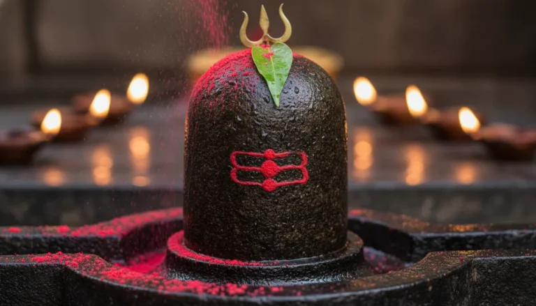 Lord Shivling HD image with red gulaal animation blowing in the wind spiritually.