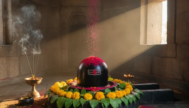 Lord Shivling HD images with gulaal during a morning ritual with soft cinematic sunlight.