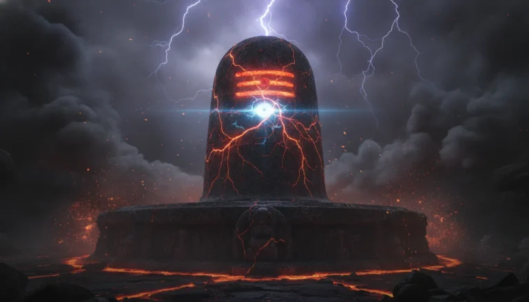 Fierce images of lord shivling in anger with burning cosmic fire and sparks around it.