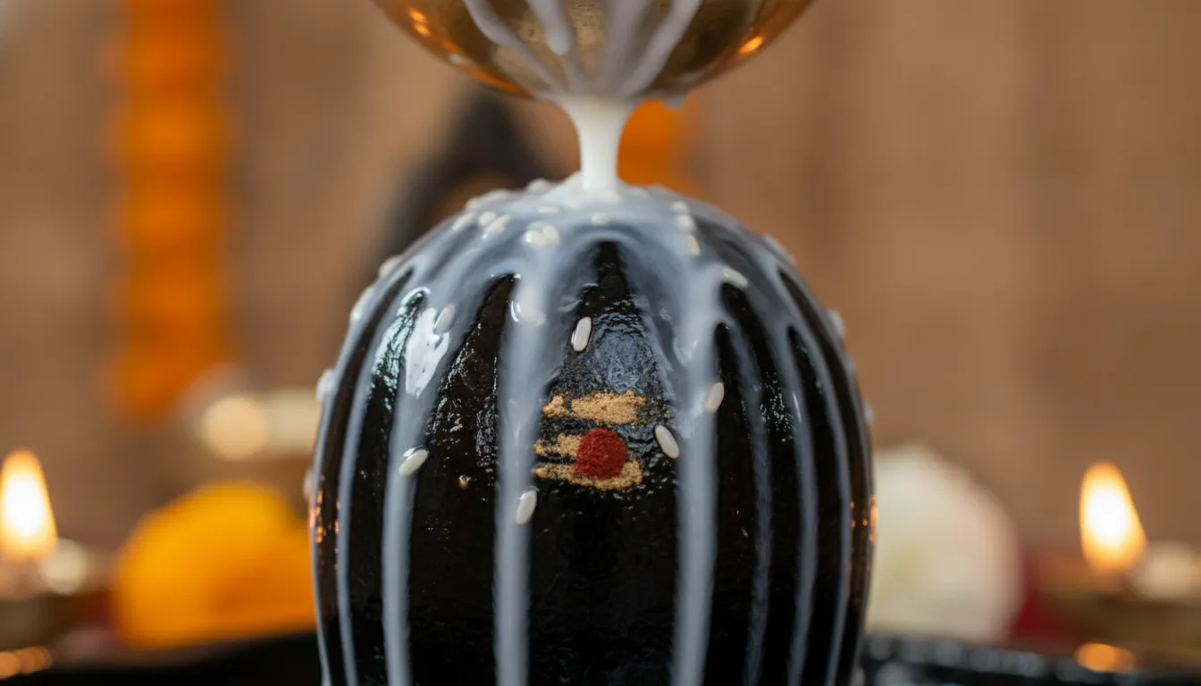 Close-up of holy water mixed with milk being poured over a dark stone Lord Shivling.