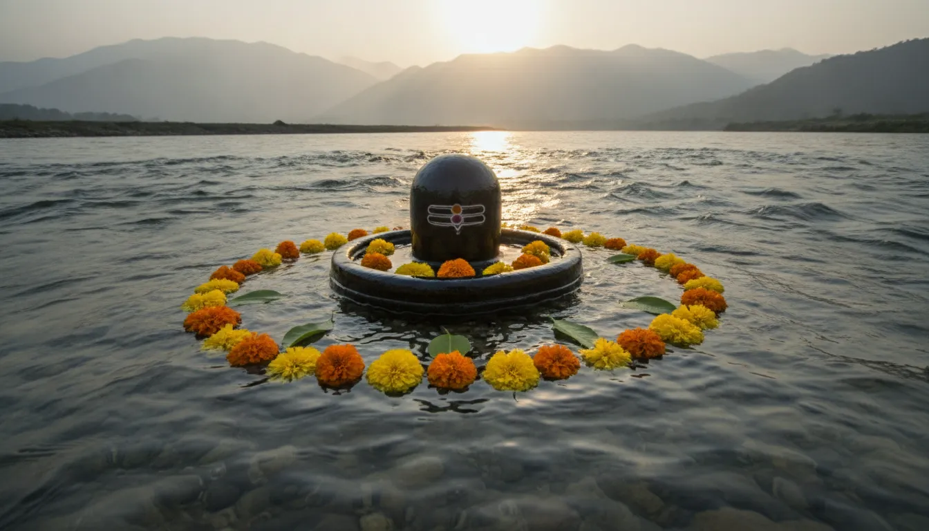 Sacred black stone Lord Shivling partially submerged in the flowing crystal-clear water of a holy river.