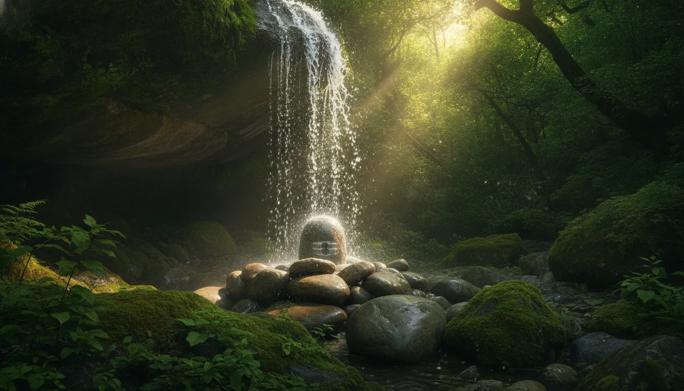 Lord Shivling positioned directly underneath a clean natural waterfall stream inside a lush green forest.