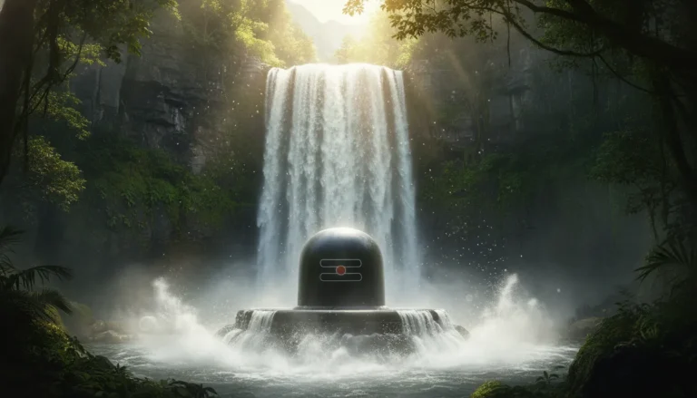 Cinematic image of Lord Shivling in water Bahubali style under a massive mountain waterfall stream.