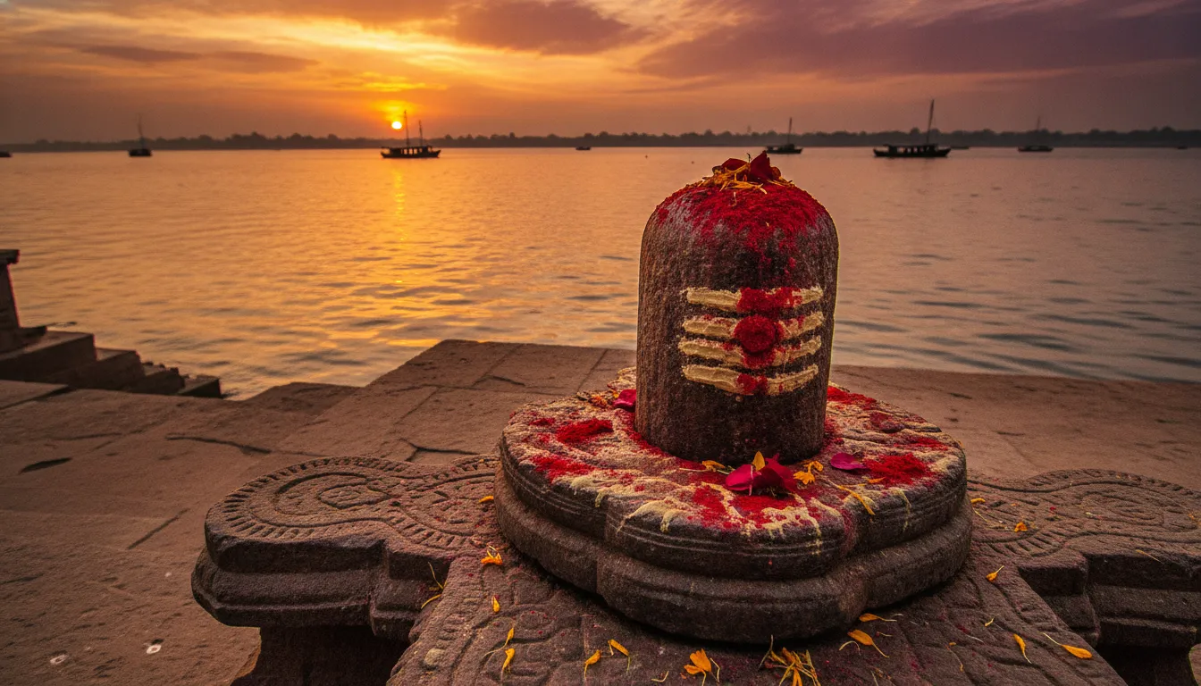 Lord Shivling HD images with gulaal located on the banks of a river during a golden hour sunset.