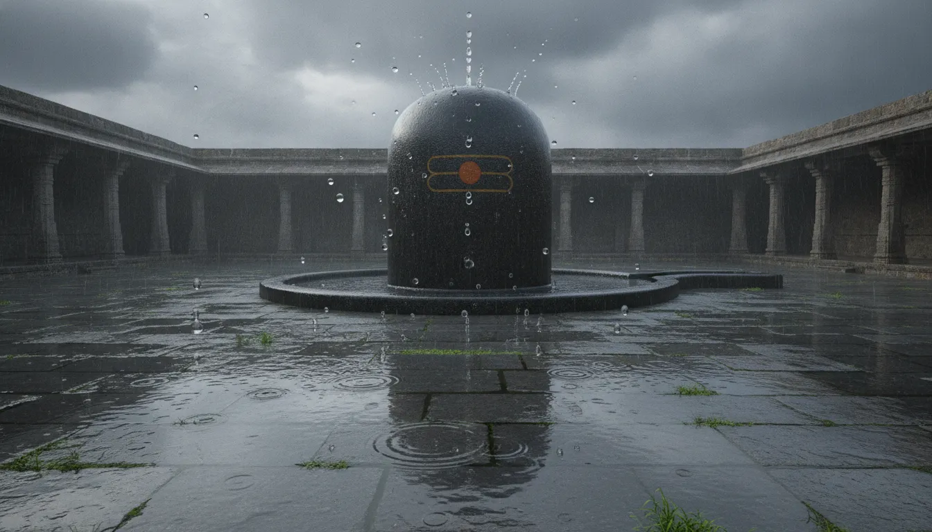 Lord Shivling standing in an open courtyard during a heavy, refreshing monsoon rain shower.