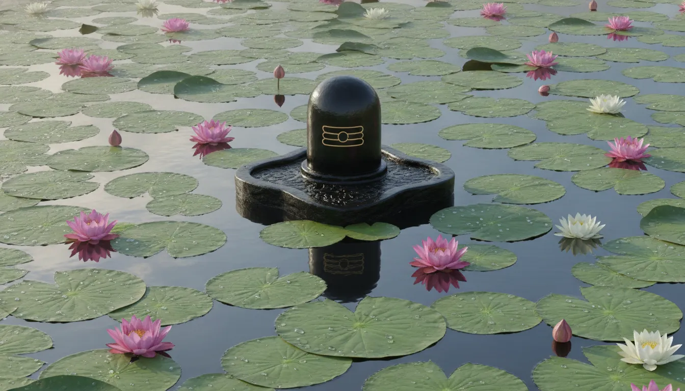 Lord Shivling emerging from calm water surrounded by blooming pink lotus flowers and green leaves.