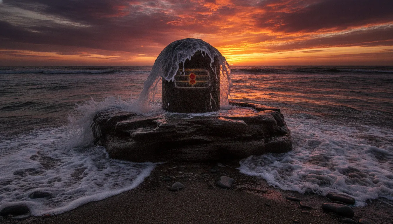 Powerful stone Lord Shivling on a sandy beach being washed by ocean water waves at sunset.