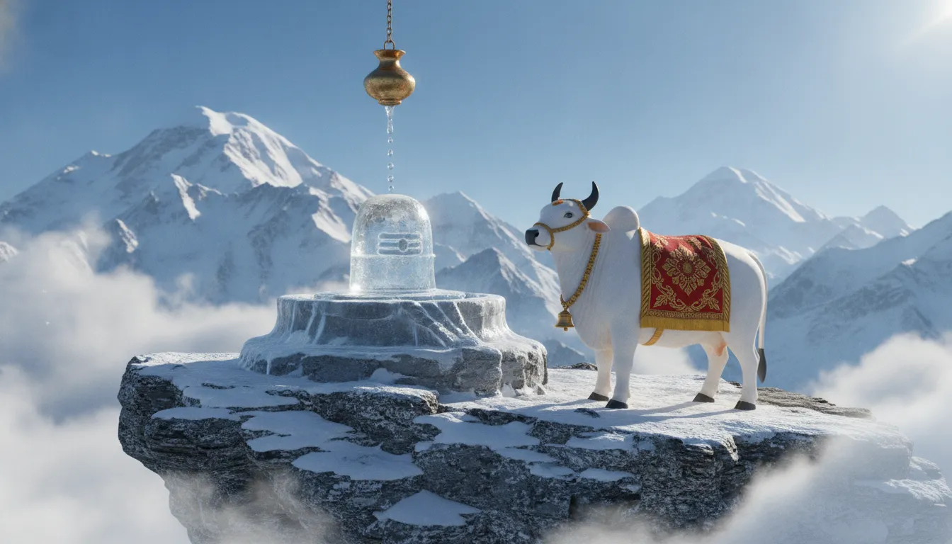 Spiritual Lord Shivling with Nandi HD image with snowy Himalayan mountain background.