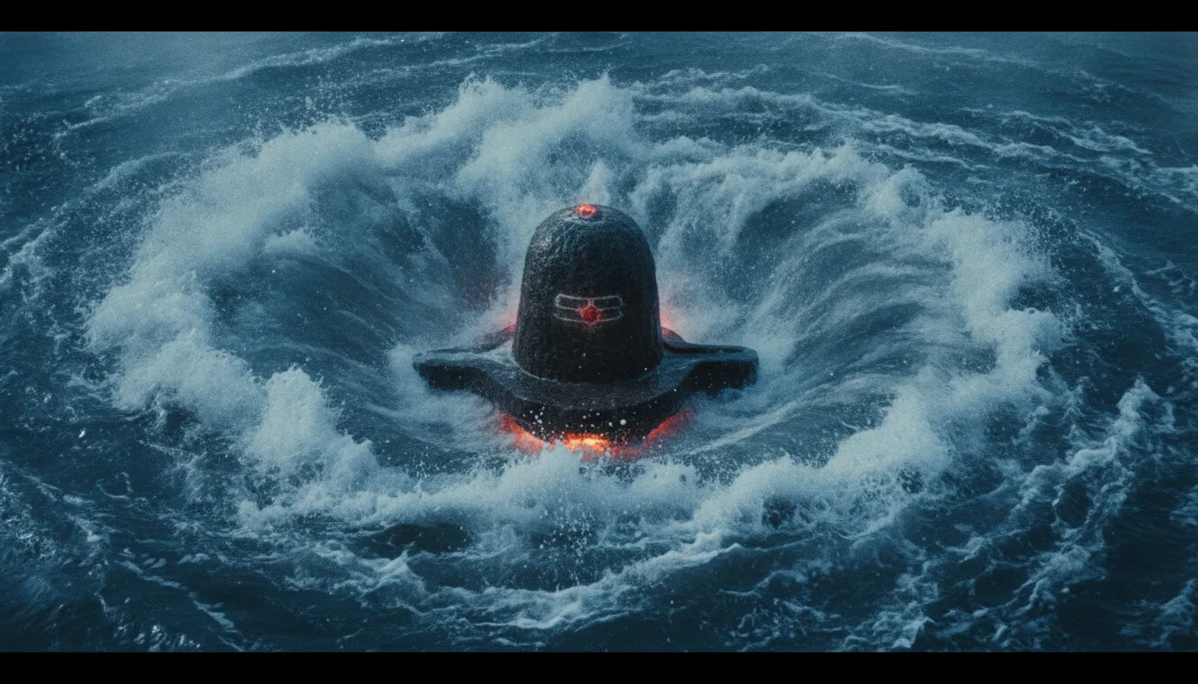 Dynamic images of lord shivling in anger with swirling, violent waterfalls and white foam waves.