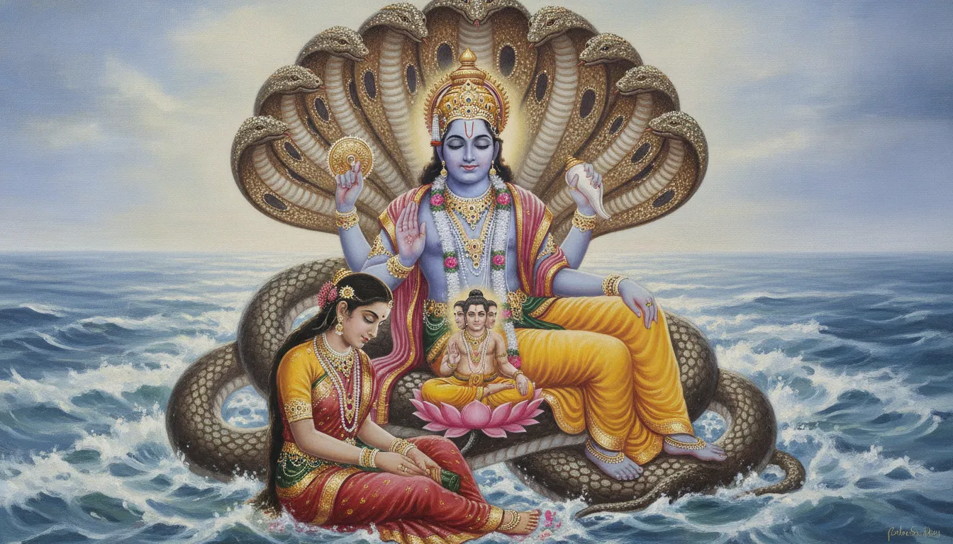 Classic traditional painting of Lord Vishnu resting on the cosmic serpent Sheshnag in the Ksheera Sagara ocean with Goddess Lakshmi