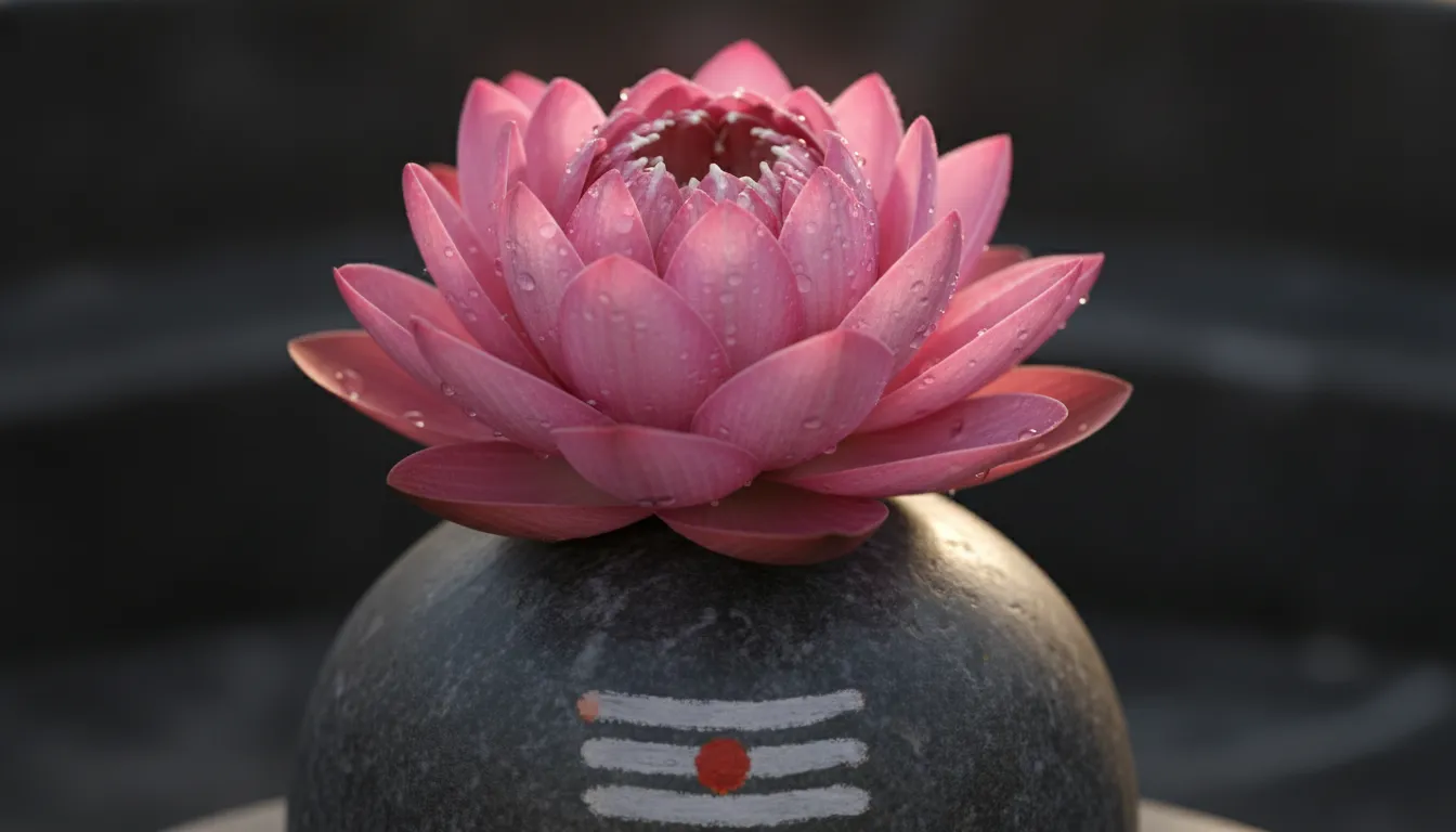 A vibrant pink lotus flower beautifully placed on top of a decorated Shiva Lingam inside a temple.