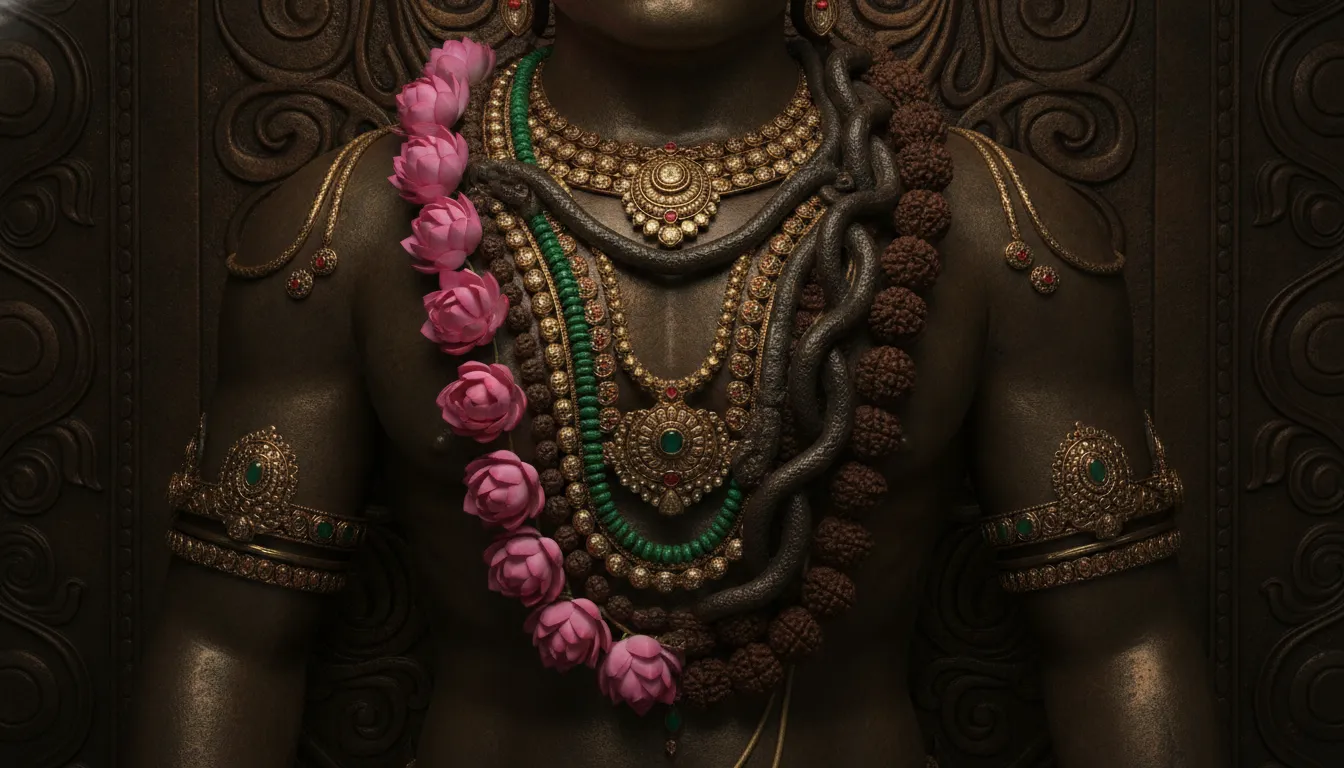 A close-up digital painting of the chest ornaments of Harihara combining fresh lotus flowers and ancient rudraksha beads.