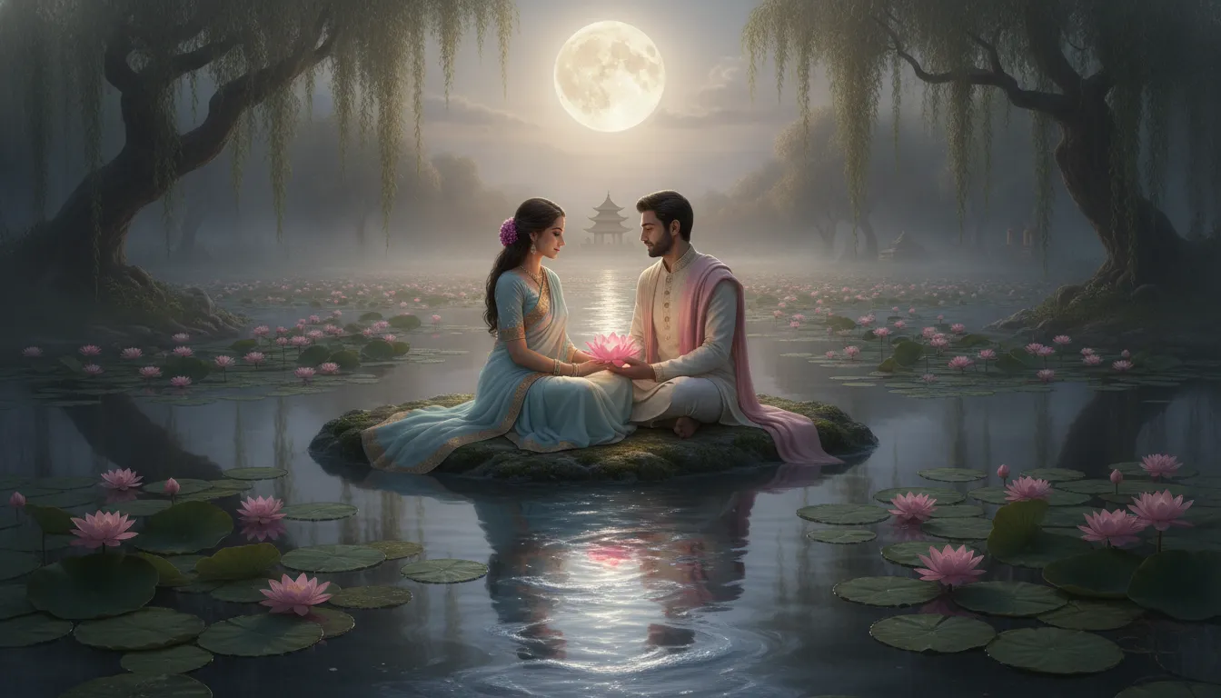 A divine couple sitting near a glowing lotus pond in the serene light of a full moon night.