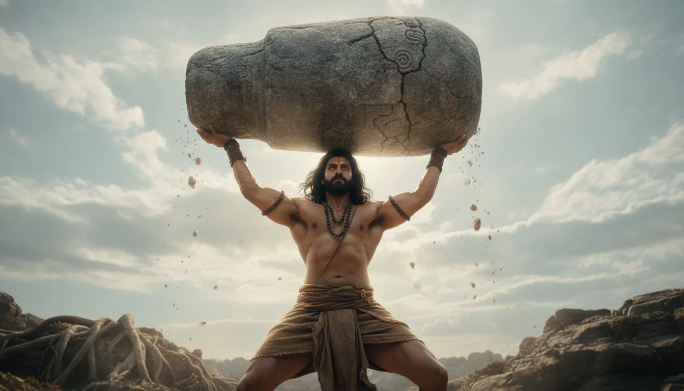 Low angle heroic shot of Bahubali lifting shivling hd images looking up towards the sky