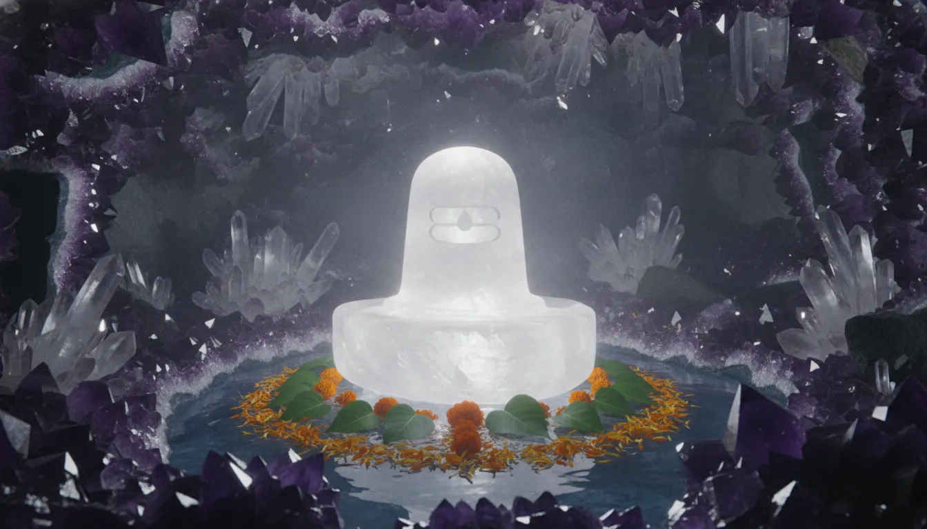 A glowing translucent quartz Shiva Lingam surrounded by natural crystal formations in a cave.