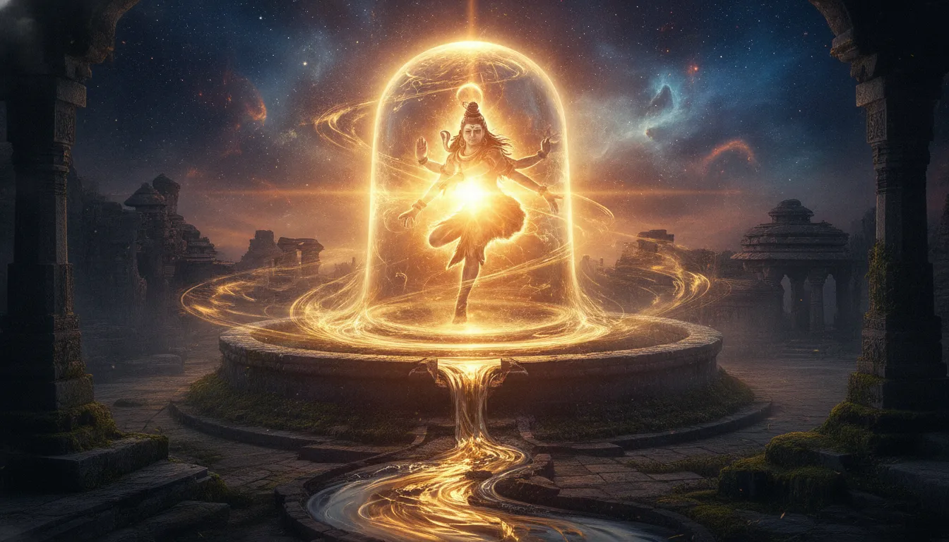 Lord Shiva performing Tandava emerging from a glowing Shivalinga.