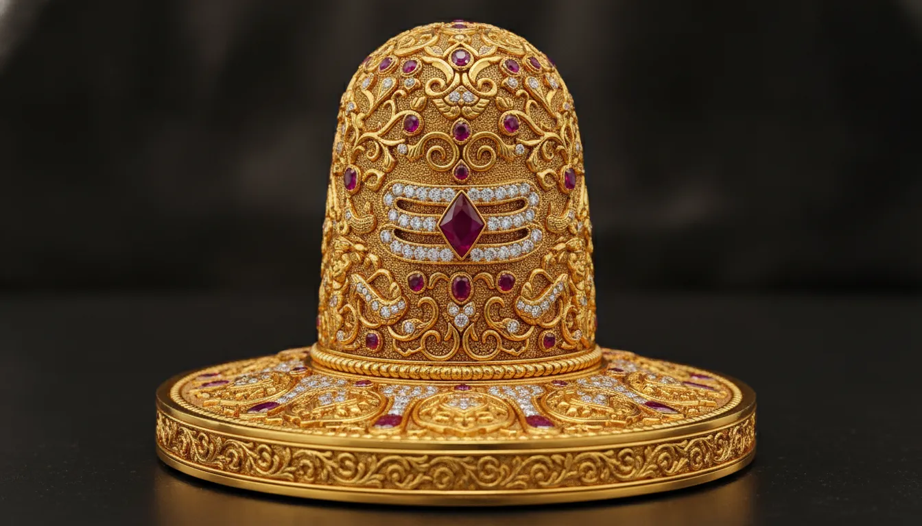 An amazing luxury golden shivling decorated with intricate carvings, diamonds, and rubies.