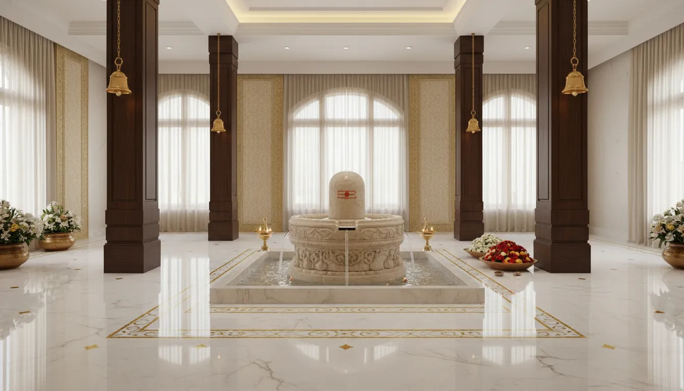 Grand open-concept luxury home mandir design with a large stone Shivling and water fountain.