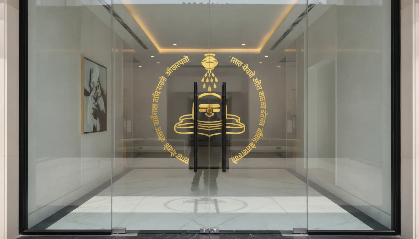 Luxury main entrance transparent glass door featuring a premium gold foil embossed Shivling artwork.