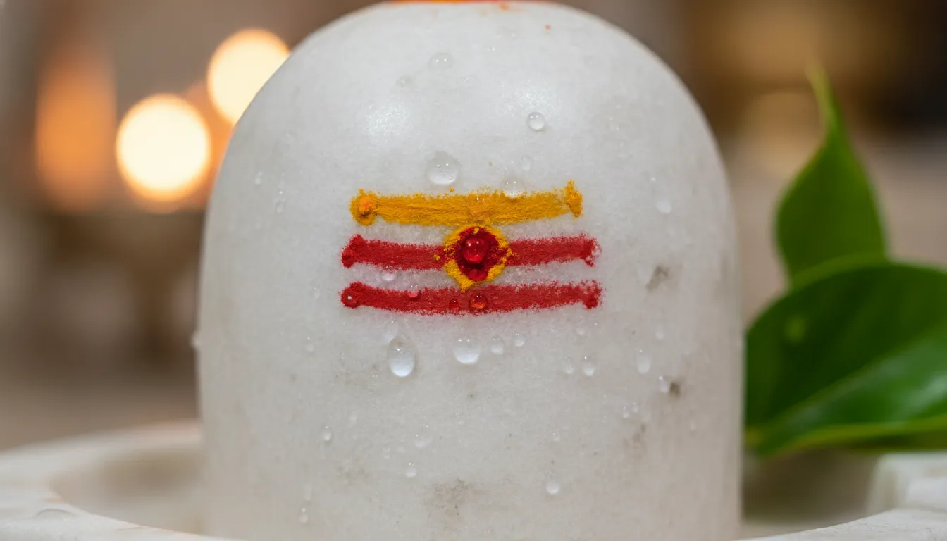 Extreme close up photo of a white colour shivling with a golden Tripundra and water droplets on smooth white marble.