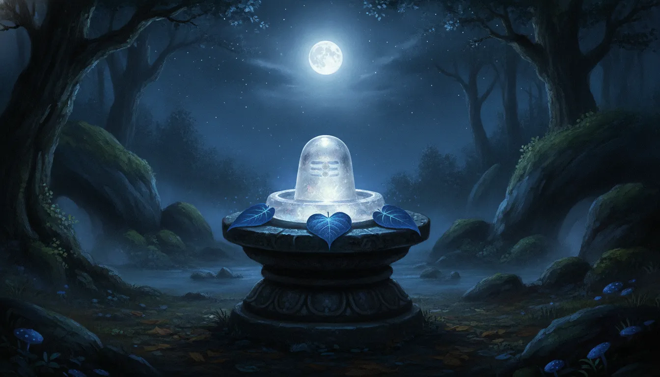 Sphatik shivling images with bili patra in blue colour with macro lens details on the crystal and leaf texture.