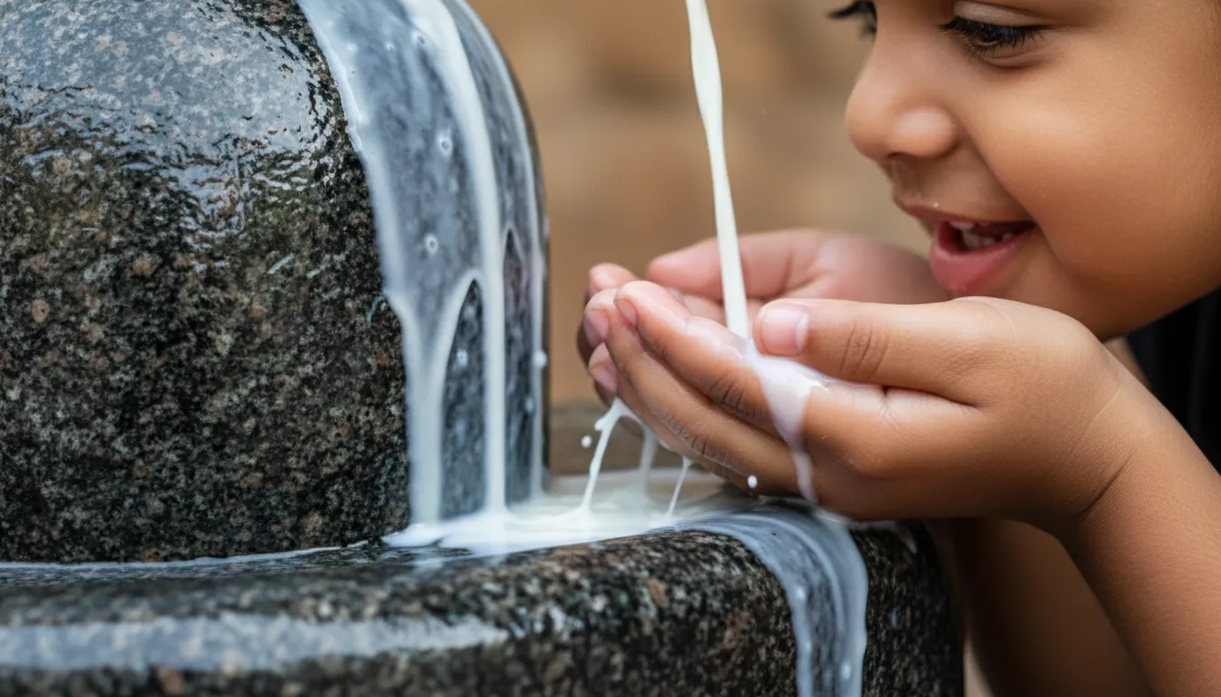 A macro close-up view of milk splashing and flowing down the texture of a Shivling as a child drinks it.