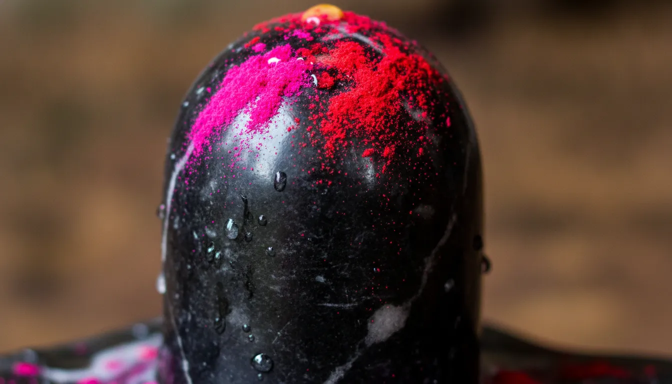 Macro high definition image of bright pink gulaal on a sacred Lord Shivling.