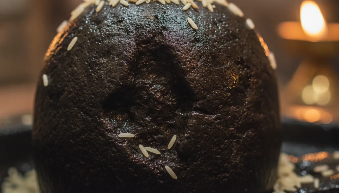 Macro shot showing the unique texture and natural features of the Bhimashankar Shivling.