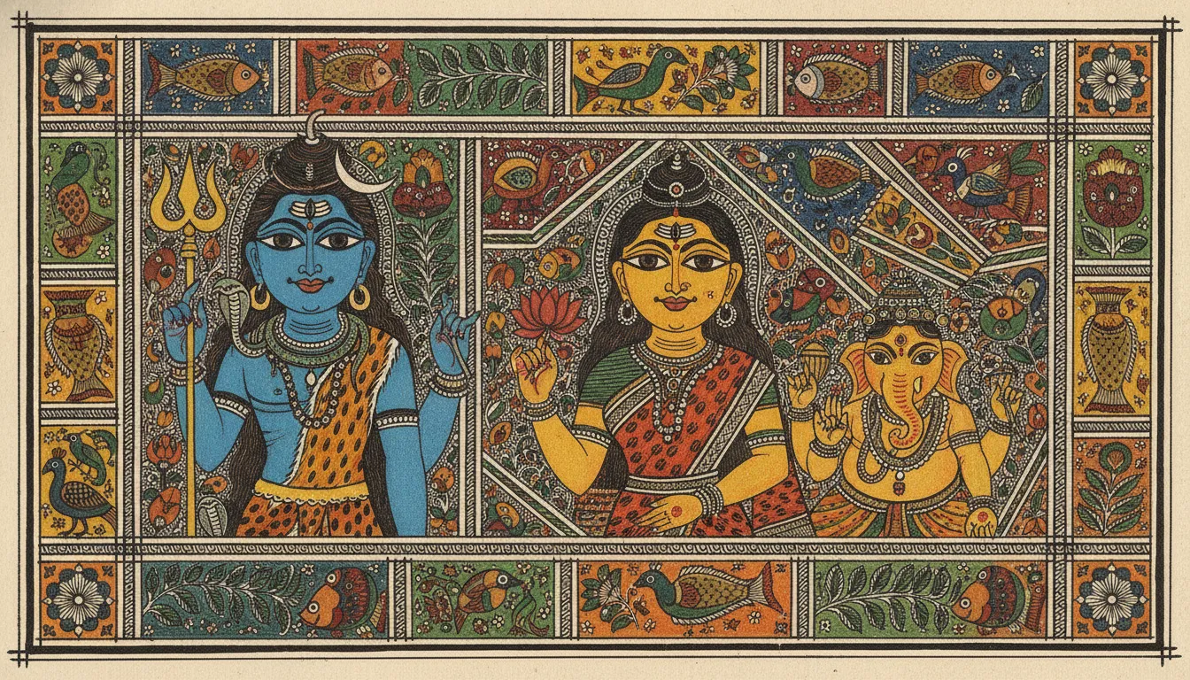 Colorful traditional Madhubani style painting of Shiva Parvati family