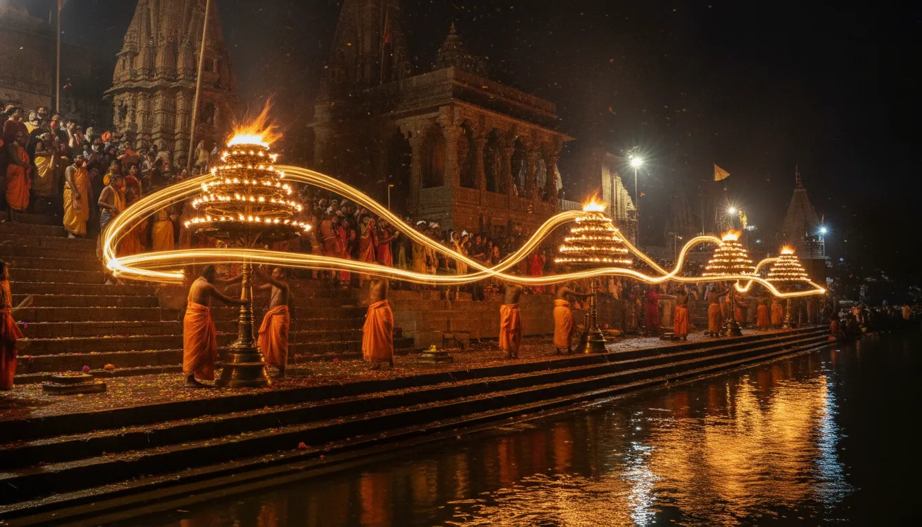 A vibrant night view showing deep oil lamps illuminating the sacred environment around the image of pashupatinath shivling nepal.