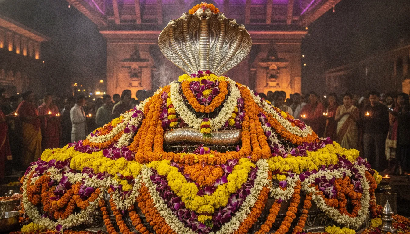 Pashupatinath Shivling Nepal beautifully decorated with thousands of marigolds and exotic flowers during Maha Shivaratri festival