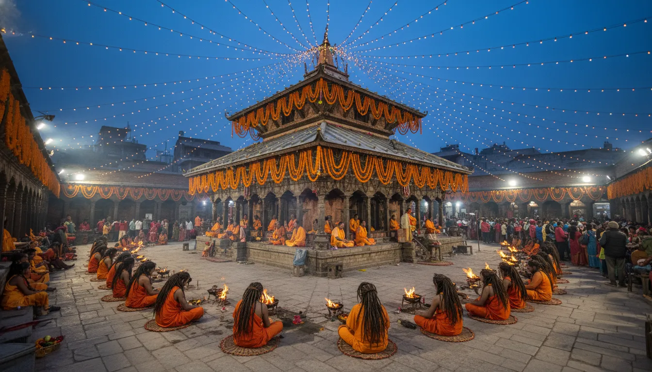 Thousands of pilgrims and sadhus gathered around the decorated Pashupatinath temple complex during the Maha Shivaratri festival.
