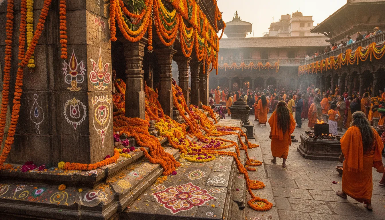 Grand festival decorations with thousands of marigolds around the holy image of pashupatinath shivling nepal during Shivaratri.