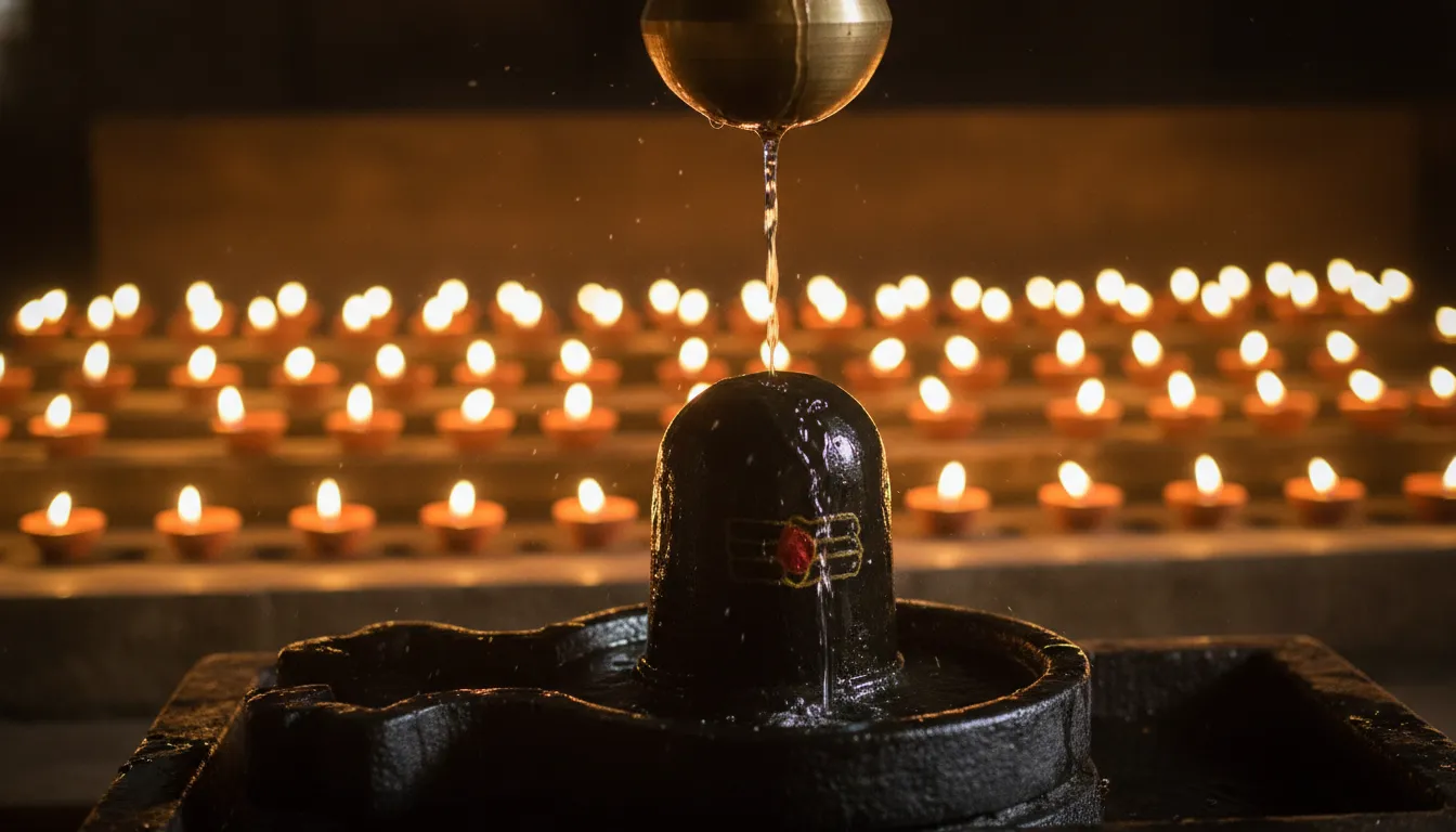 Original black Shivling illuminated by diyas during a midnight Abhishekam ritual.