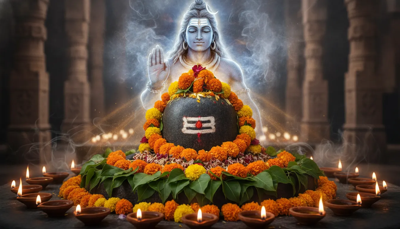 Lord Shiva holding his hand in a blessing gesture over a beautifully decorated Shivling illuminated by traditional oil lamps during Maha Shivratri.