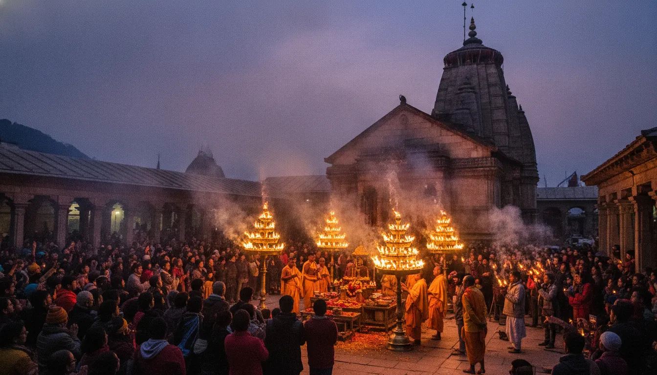 Grand evening aarti ceremony at Kedarnath temple with glowing lamps and traditional oil torches