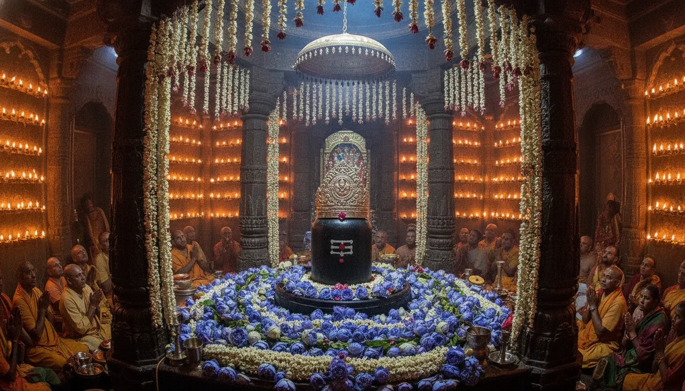 HD image of Kashi Vishwanath Shivling illuminated with colorful lights during Maha Shivratri.