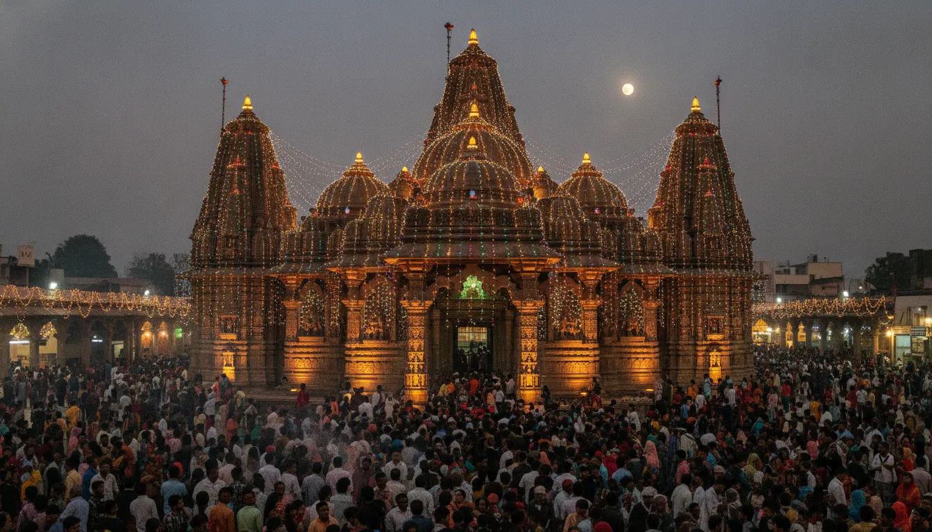 Beautiful evening view of Singheshwar Mandir illuminated with colorful lights during Maha Shivratri festival celebrations.
