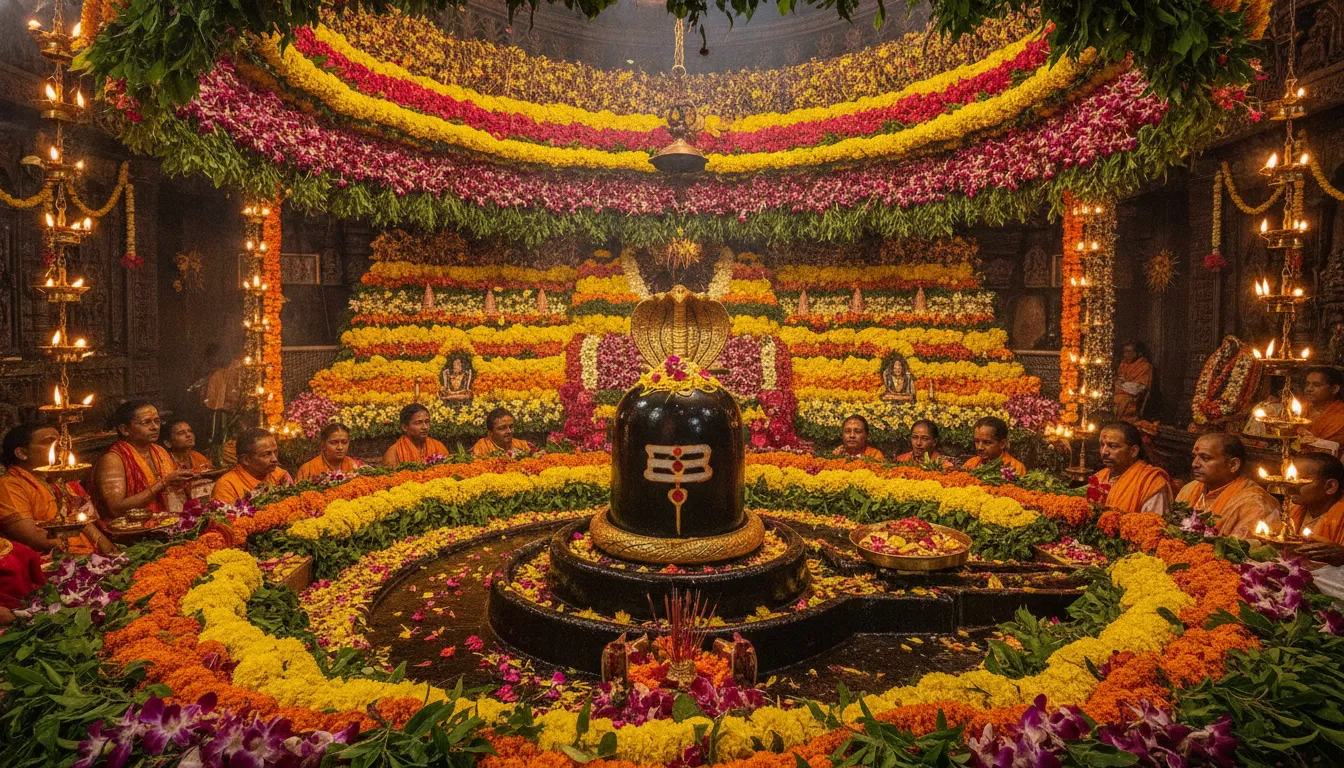 Elaborate floral decoration and grand Shringar of Bhimashankar Shivling during Maha Shivratri festival.