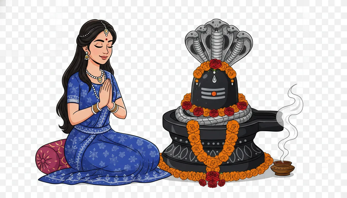 Festive celebration of Maha Shivratri with shivling pooja by lady cartoon png images sitting in a meditative posture.