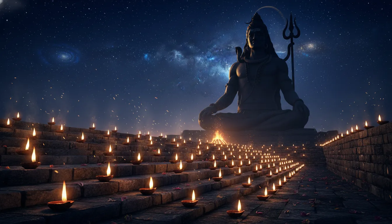 Festive 1080p mahadev photo hd showing a grand silhouette of Shiva under a starry Maha Shivratri night sky.