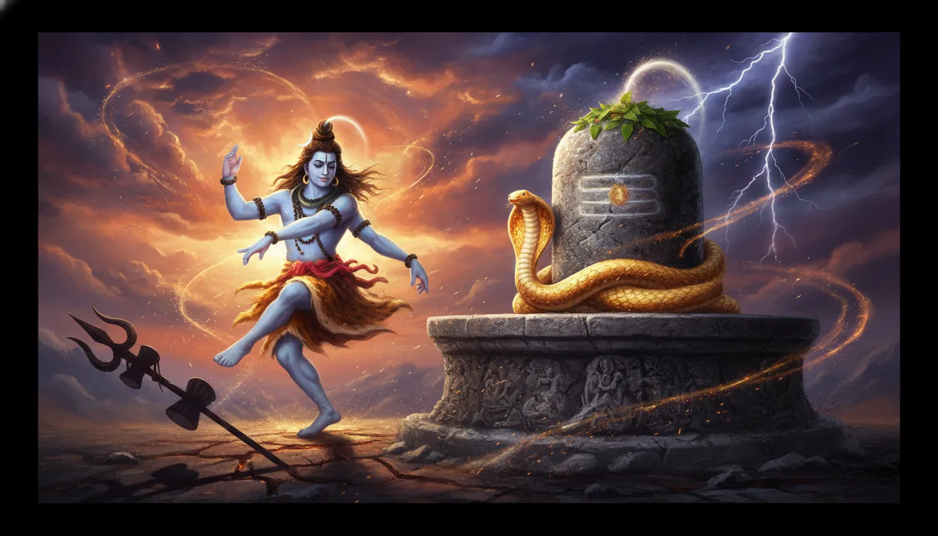 Powerful cosmic background of Lord Shiv Shankar performing Tandav next to a massive stone Shivling with lightning effects.