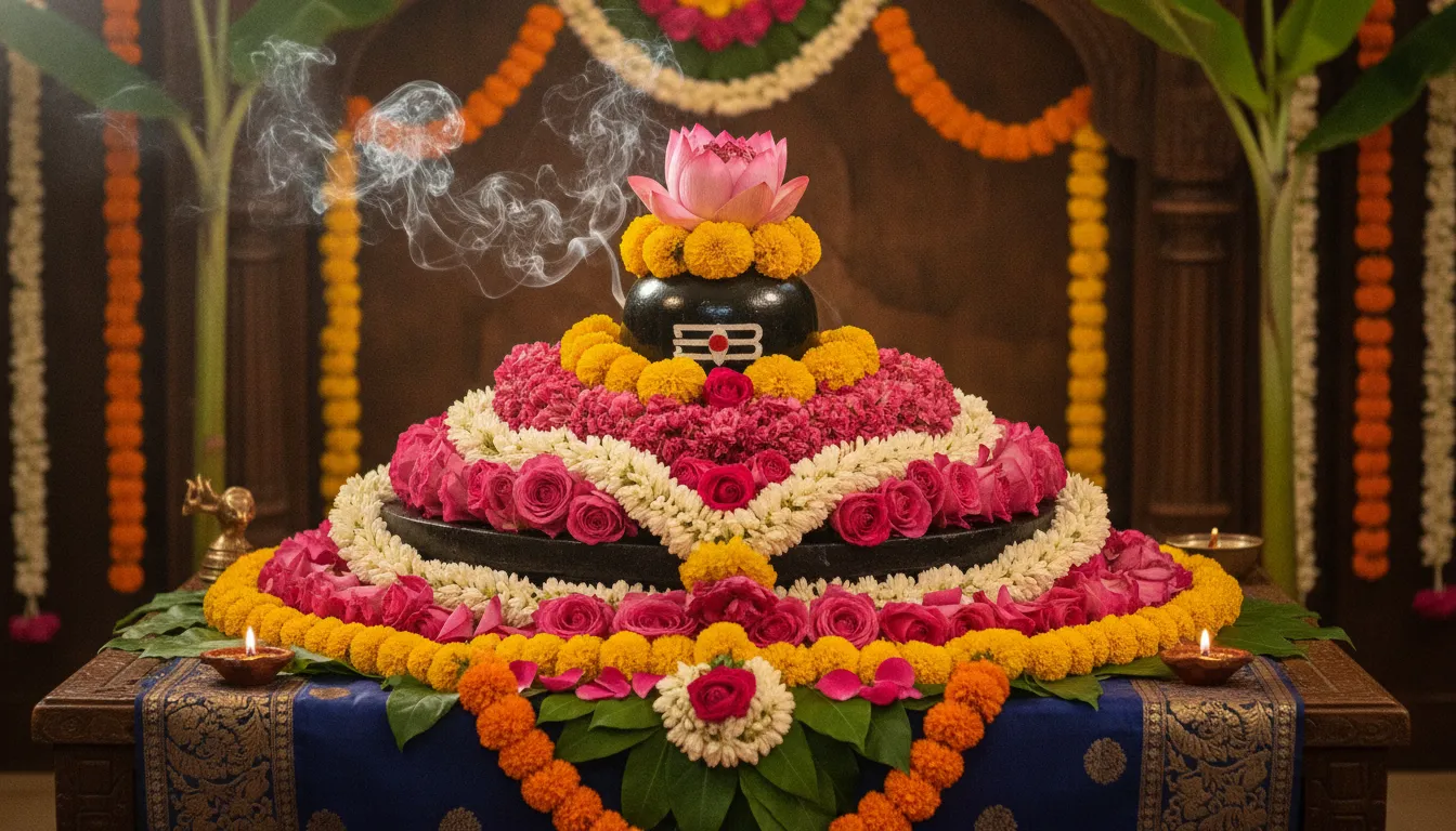 Grand festive decoration of Lord Shiva Lingam with a mix of lotus, marigold, and pink roses for Shivratri.