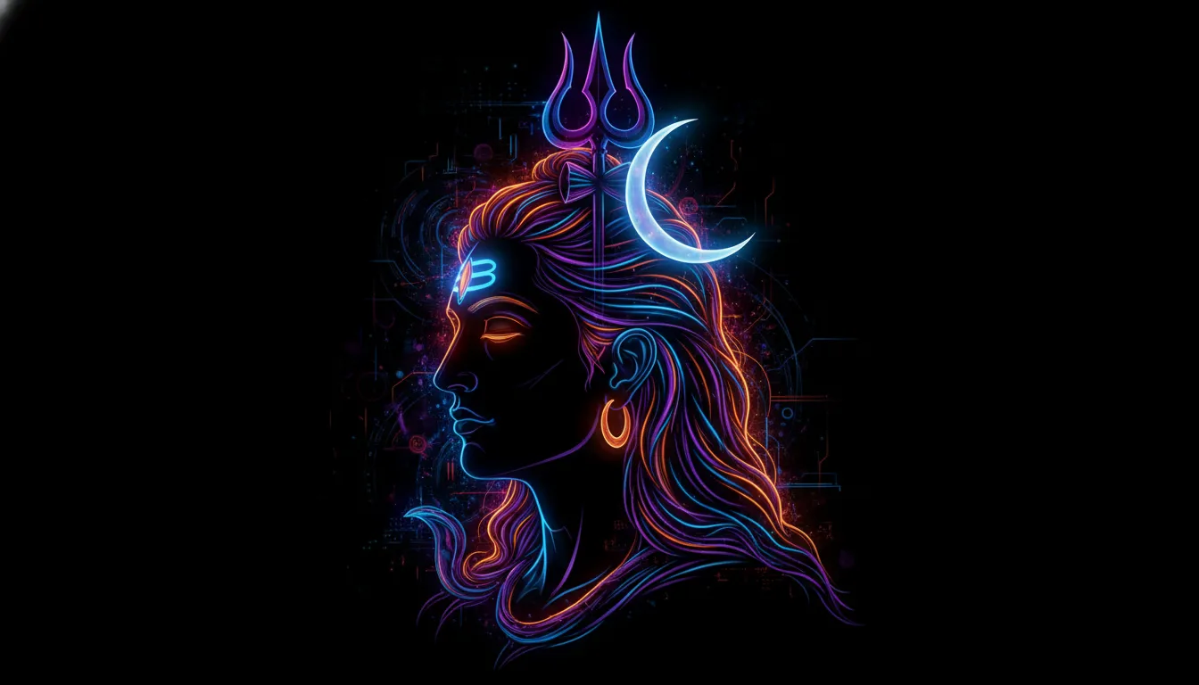 Modern abstract neon glowing artwork of Lord Shiva face with spiritual symbols.