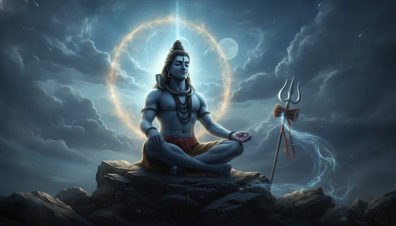 Lord Shiva meditating with a glowing blue cosmic aura under a full moon.