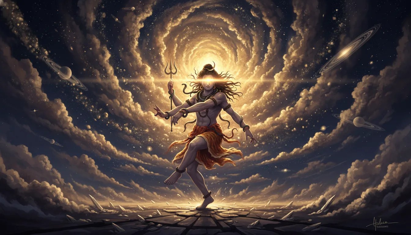 Mahadev performing the Tandava dance amidst a glowing golden nebula and shimmering dust.