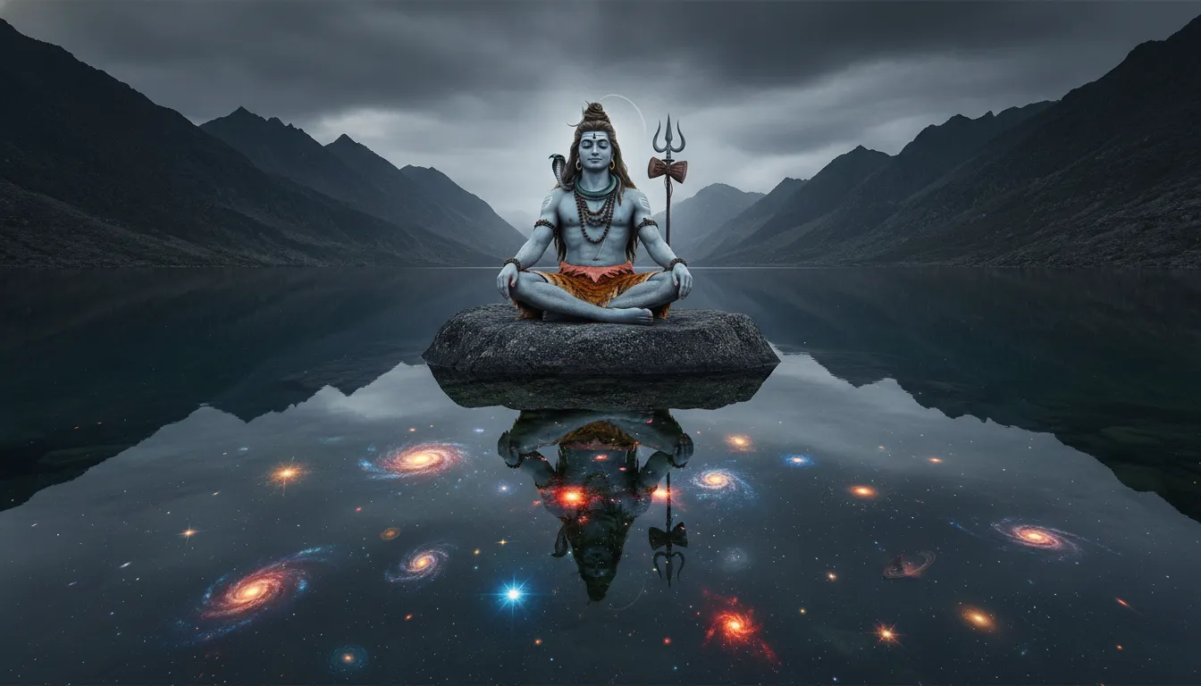 Lord Shiva meditating on a rock with his perfect reflection showing a vibrant cosmic sky in a still lake.