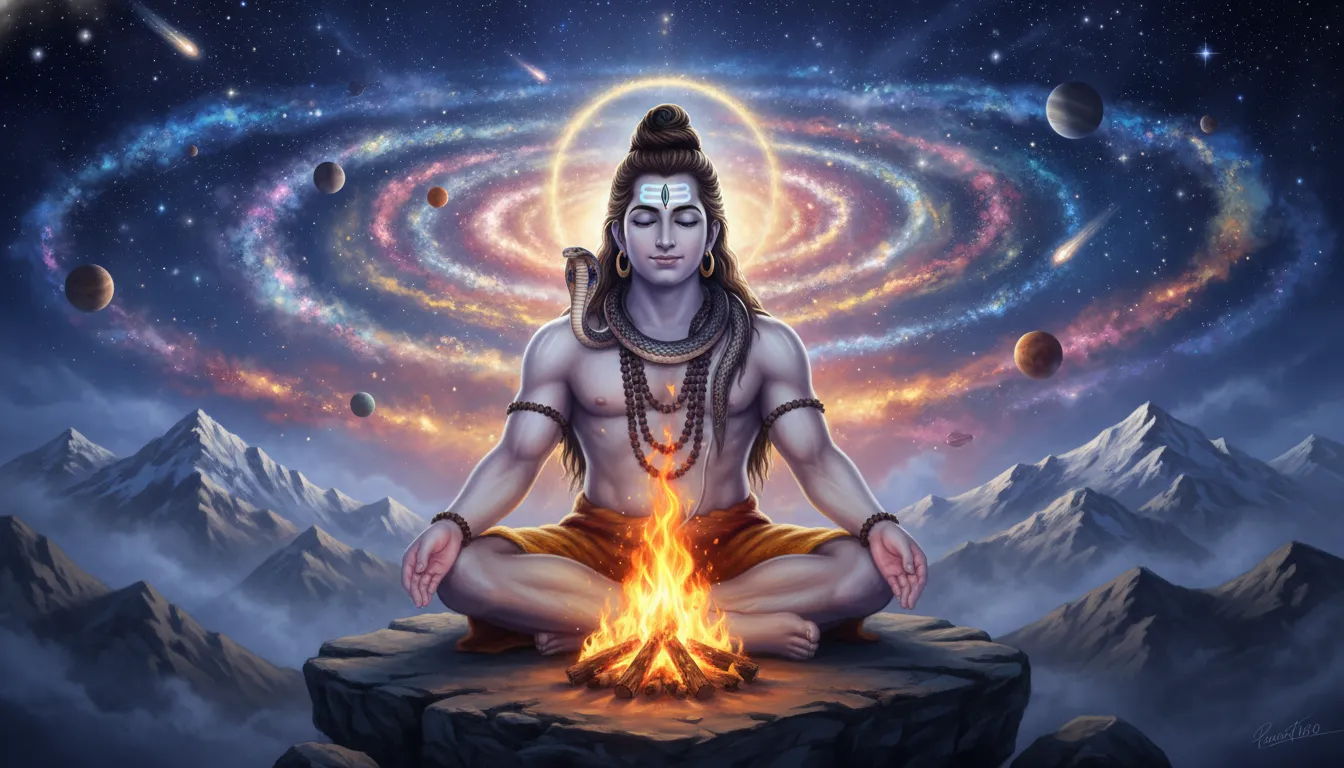 Mahadev sitting in silent Samadhi with a glowing sacred fire burning in front of him.